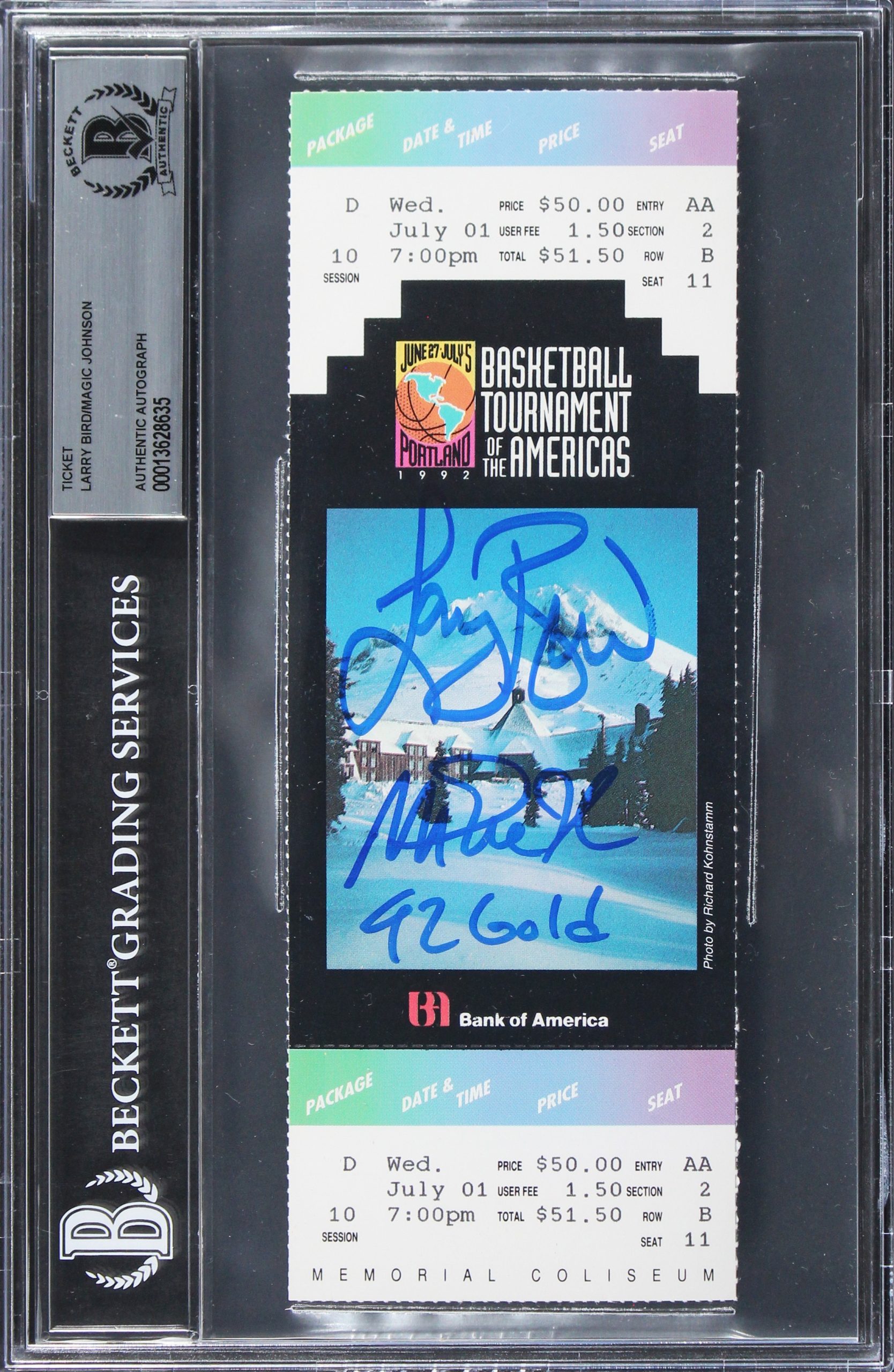Magic Johnson & Larry Bird “92 Gold” Signed 1992 TOTA Ticket Stub BAS Slabbed 1 Sale Coupon