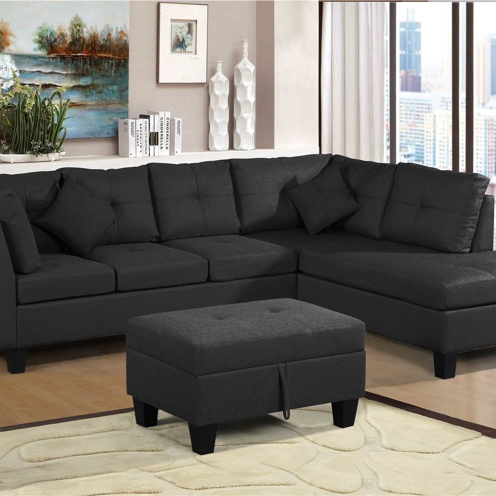 1051 Linen Fabric Upholstered Sofa with Right Hand Chaise Black Sale Coupon