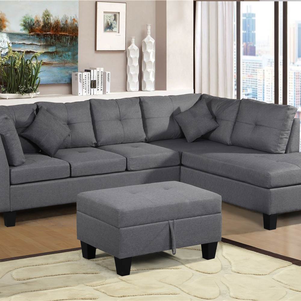 1051 Linen Fabric Upholstered Sofa with Right Hand Chaise Gray Sale Coupon