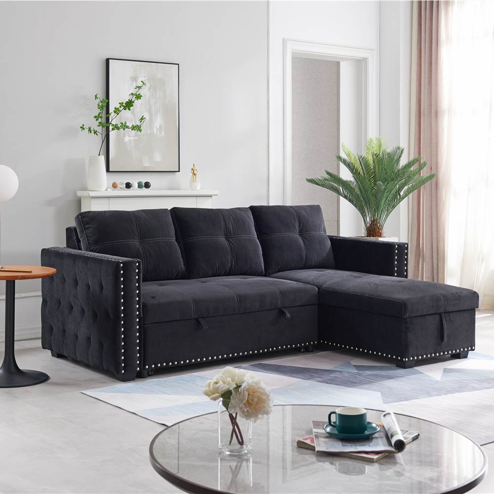 91 2Seat Polyester Upholstered Sectional Sofa Bed with Chaise Black Sale Coupon