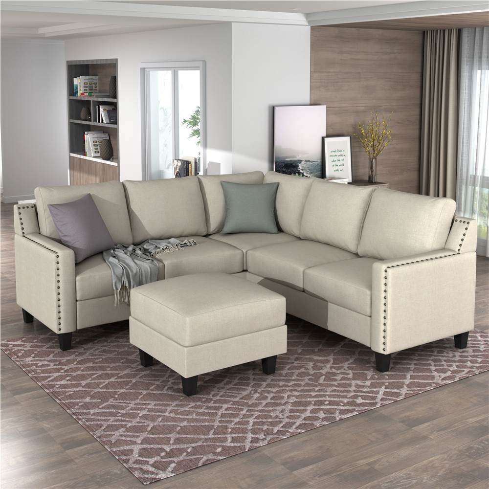 USTYLE 5Seat Microfiber Upholstered Sofa with Ottoman Beige Sale Coupon