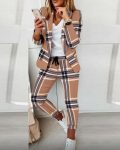 CHICME Long Sleeve Plaid Print Blazer Coat & Drawstring Pants Set Sale Coupon