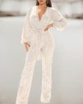 CHICME Lantern Sleeve Zipper Back Plunge Sequins Jumpsuit Sale Coupon