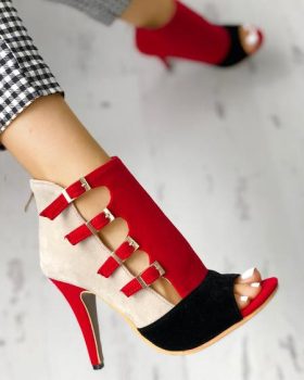CHICME Colorblock Splicing Hollow Out Buckled Thin Heels Sale Coupon