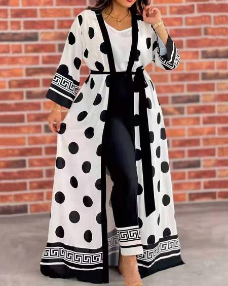 CHICME Plus Size Tank Top & Pants Set With Polka Dot Print Cardigan Sale Coupon