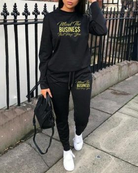 CHICME Plus Size Letter Print Long Sleeve Sweatshirt & Drawstring Sweatpants Set Sale Coupon