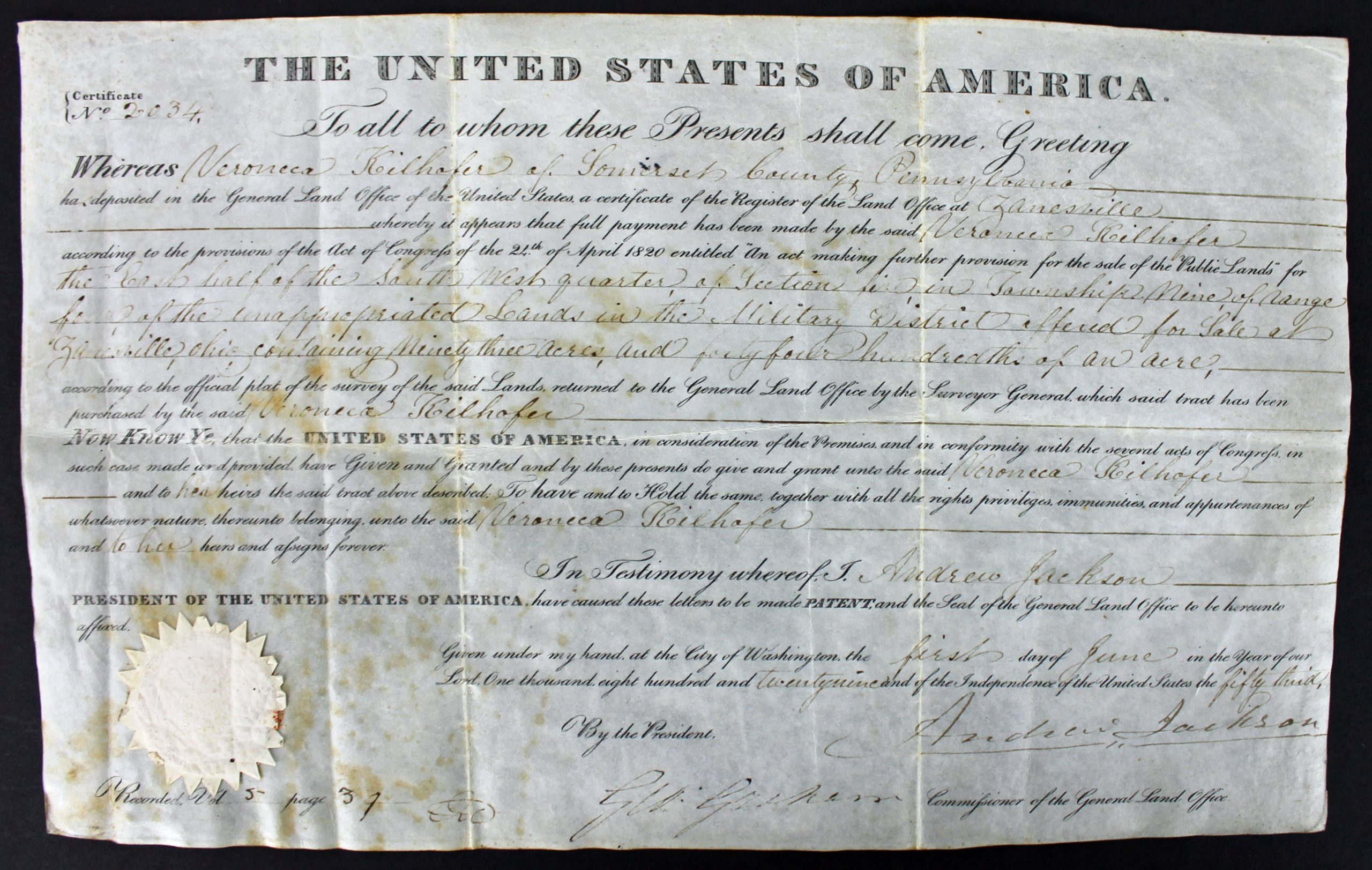 Andrew Jackson Authentic Signed 10×15.75 1829 Land Grant Document PSA #AA08331 Sale Coupon