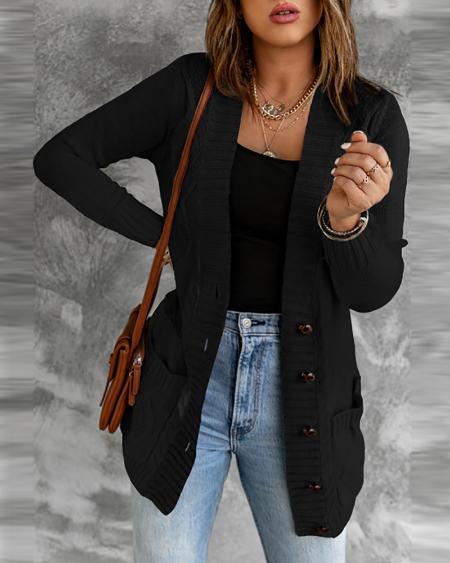 CHICME Pocket Button Design Long Sleeve Braided Knit Cardigan Sale Coupon
