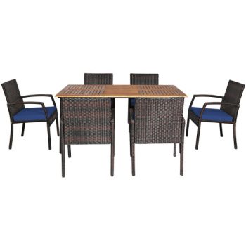 Costway7Pcs Patio Rattan Cushioned Dining Set with Umbrella Hole-Navy Sale Coupon