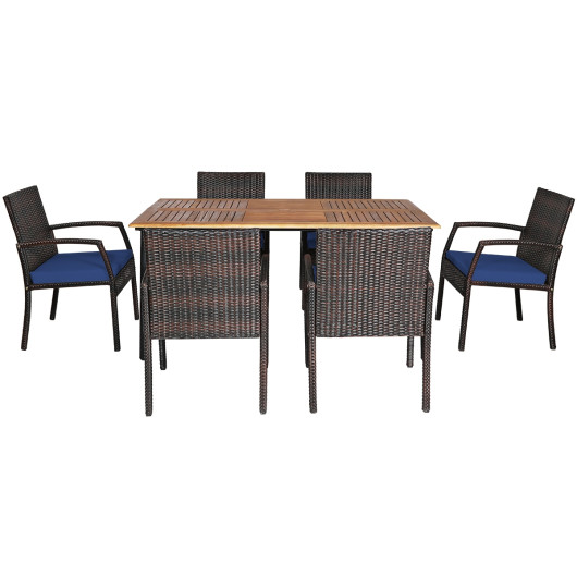 Costway7Pcs Patio Rattan Cushioned Dining Set with Umbrella Hole-Navy Sale Coupon