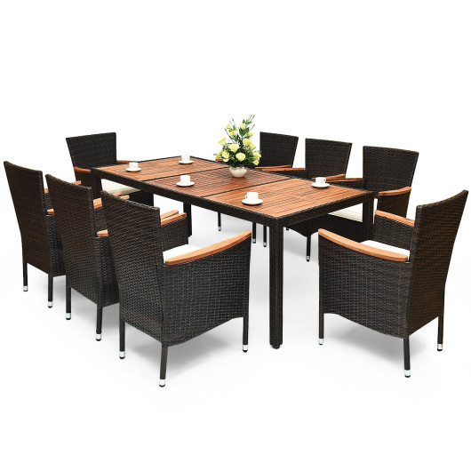 Costway9 Pieces Patio Rattan Dining Set with Stackable Chairs Cushioned and Acacia Wood Table Top Sale Coupon