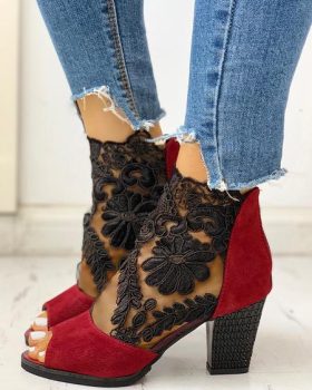 CHICME Lace Mesh Insert Chunky Heeled Boots Sale Coupon