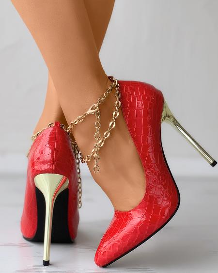 CHICME Croc Embossed Layered Chain Wedding Guest Heels Sale Coupon