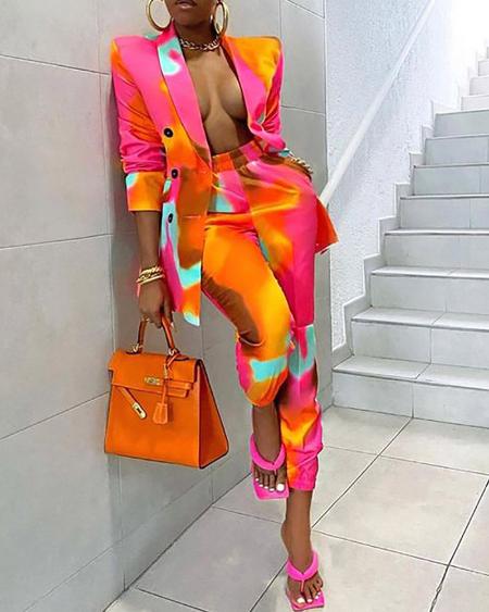 CHICME Tie Dye Print Buttoned Blazer Coat & Pants Sets Sale Coupon
