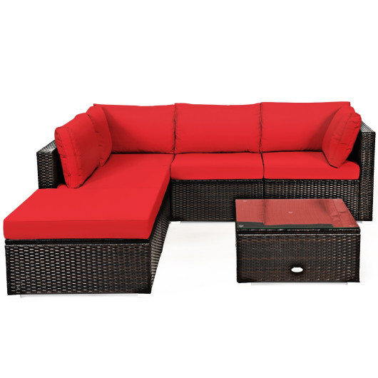Costway6 Pieces Outdoor Patio Rattan Furniture Set Sofa Ottoman-Red Sale Coupon