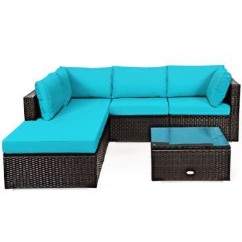 Costway6 Pieces Outdoor Patio Rattan Furniture Set Sofa Ottoman-Turquoise Sale Coupon