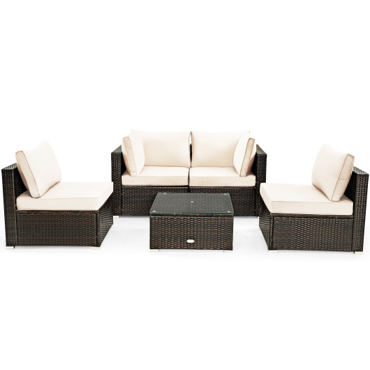 Costway5 Pieces Cushioned Patio Rattan Furniture Set with Glass Table-White Sale Coupon