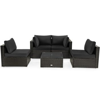 Costway5 Pieces Cushioned Patio Rattan Furniture Set with Glass Table-Black Sale Coupon