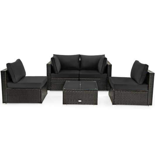 Costway5 Pieces Cushioned Patio Rattan Furniture Set with Glass Table-Black Sale Coupon