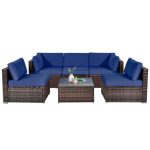 Costway6 Pieces Patio Rattan Furniture Set with Cushions and Glass Coffee Table-Navy Sale Coupon