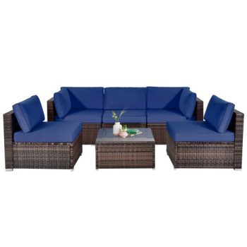 Costway6 Pieces Patio Rattan Furniture Set with Cushions and Glass Coffee Table-Navy Sale Coupon