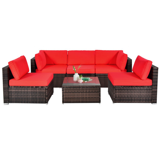 Costway6 Pieces Patio Rattan Furniture Set with Cushions and Glass Coffee Table-Red Sale Coupon