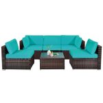 Costway6 Pieces Patio Rattan Furniture Set with Cushions and Glass Coffee Table-Turquoise Sale Coupon