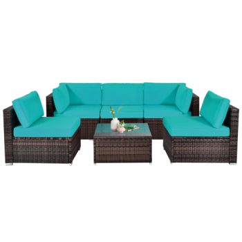 Costway6 Pieces Patio Rattan Furniture Set with Cushions and Glass Coffee Table-Turquoise Sale Coupon