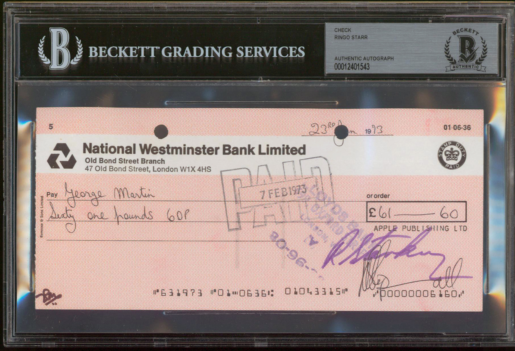 Ringo Starr The Beatles Signed 3.5×8 1973 Apple Publishing Ltd Check BAS Slabbed Sale Coupon