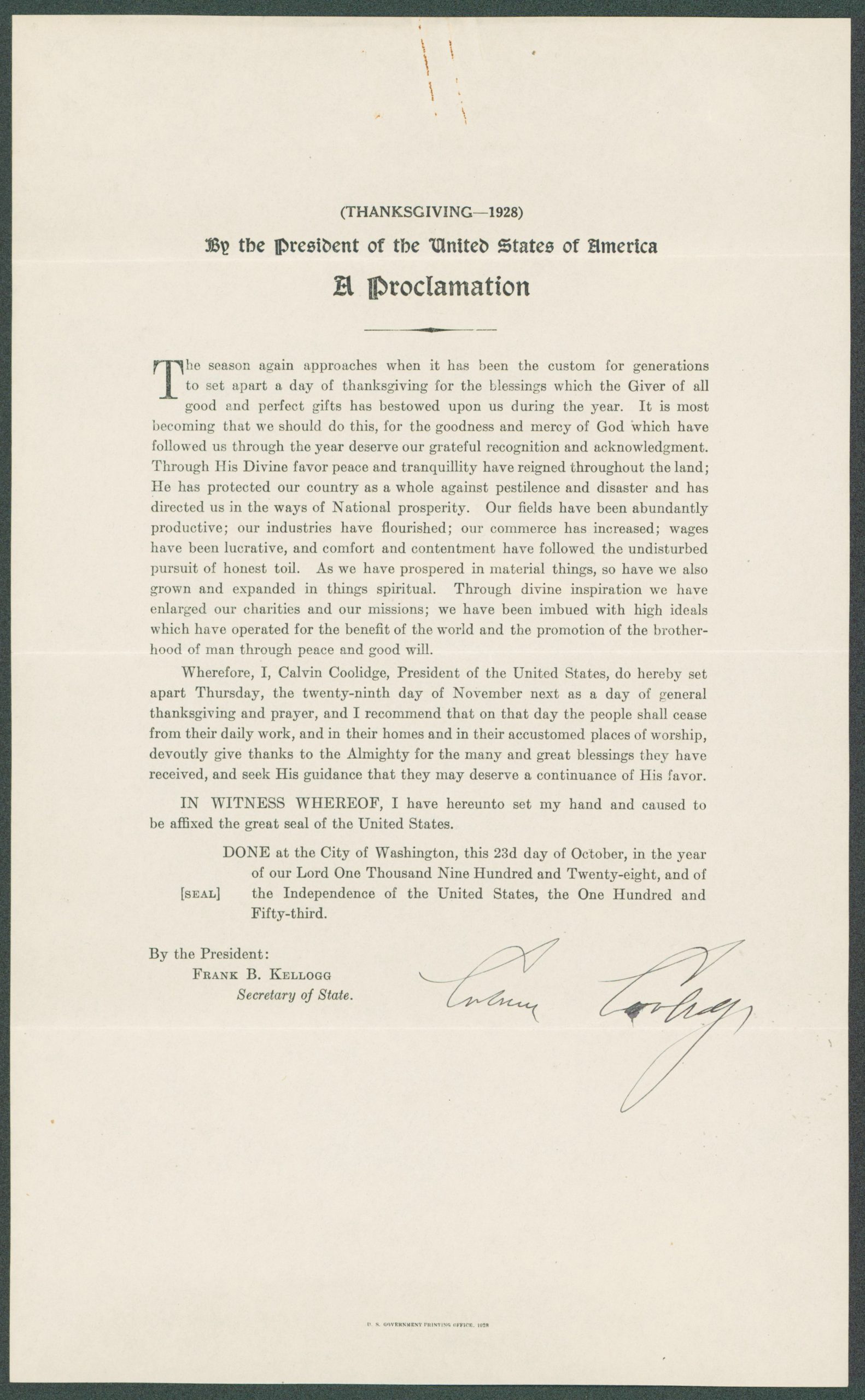 Calvin Coolidge Signed 8×13 1928 Thanksgiving Proclamation Document JSA #BB62326 Sale Coupon