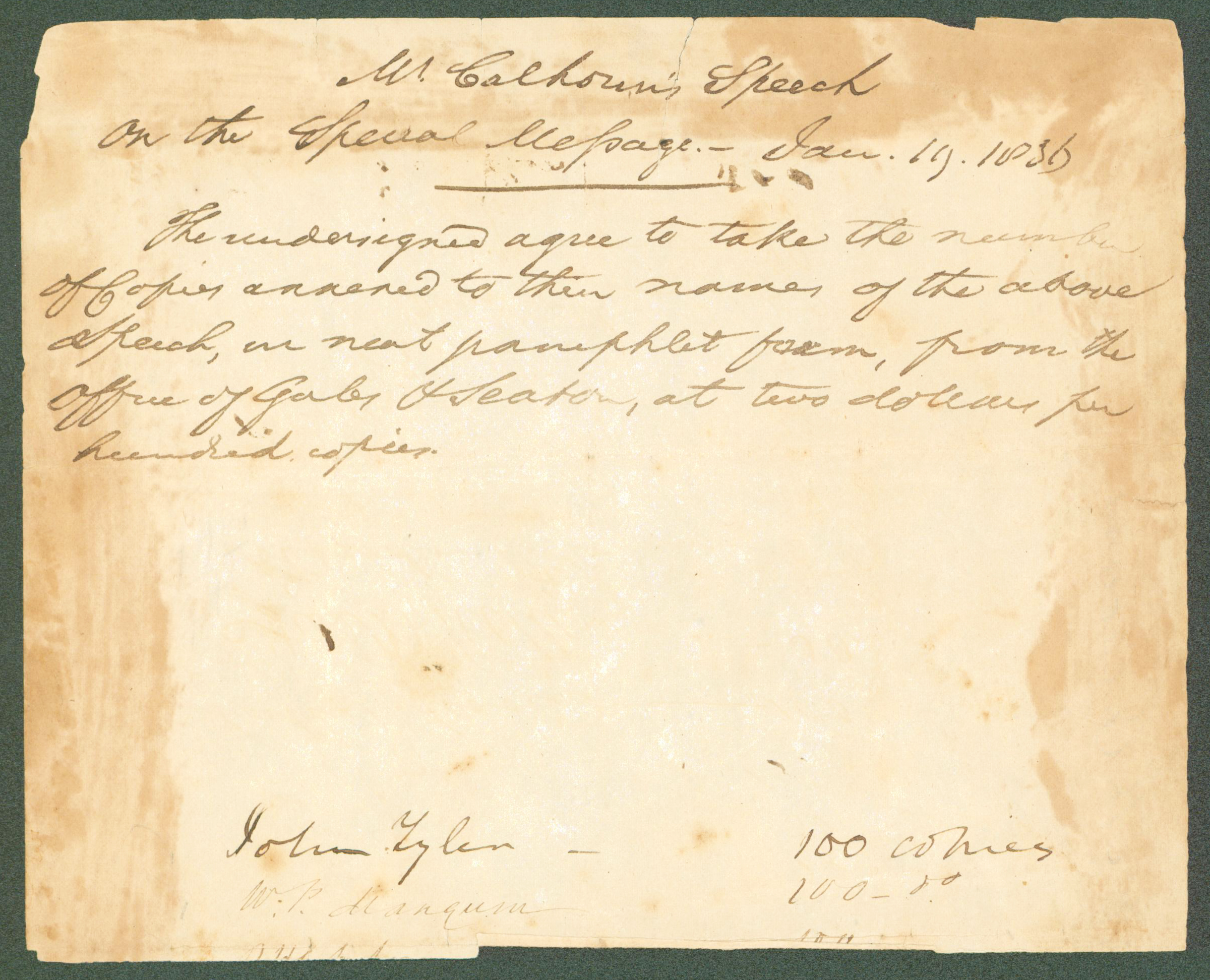 John Tyler Authentic Signed 6.25×7.5 1836 Printing Order Document BAS #AB14363 Sale Coupon