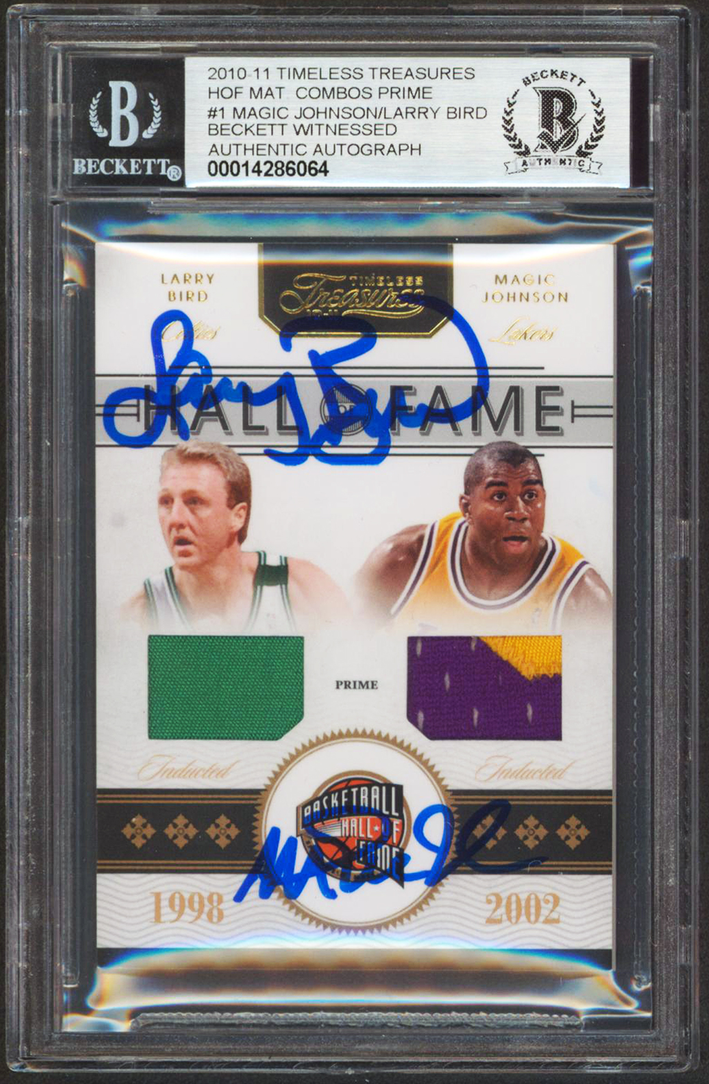 Magic Johnson & Larry Bird Signed 2010 Timeless HOF Mat #1 Card Auto 10 BAS Slab Sale Coupon