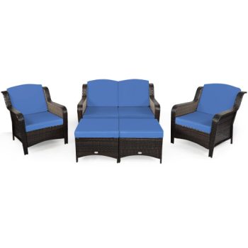 Costway5 Pieces Patio Rattan Sofa Set with Cushion and Ottoman-Navy Sale Coupon