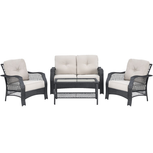 Costway4 Pieces Patio Wicker Furniture Set Loveseat Sofa Coffee Table with Cushion-Beige Sale Coupon