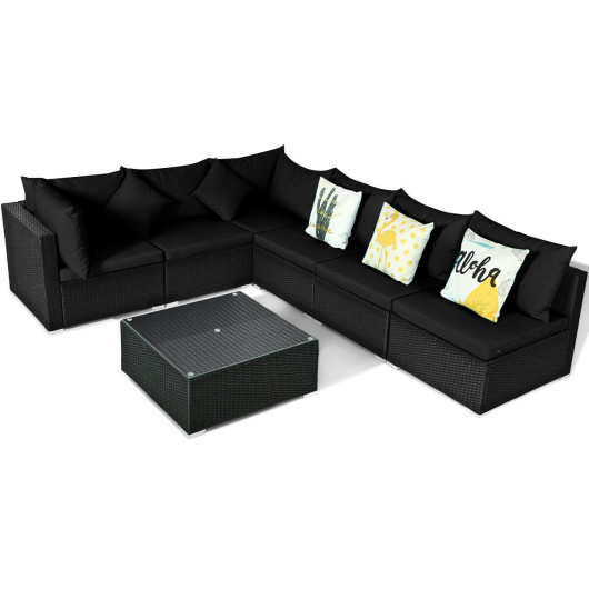 Costway7 Pieces Outdoor Sectional Wicker Patio Furniture Sofa Set with Tempered Glass Top and Softy Cushions-Black Sale Coupon